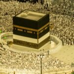 Aerial view of the Kaaba in Mecca, Saudi Arabia, with thousands of pilgrims during Hajj season.